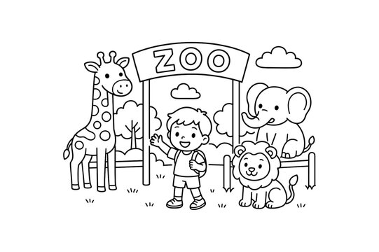 Zoo animal visit illustration cute kids coloring book style. Simple easy to color design with minimal details friendly characters and objects clean black outlines and large open shapes. Fun