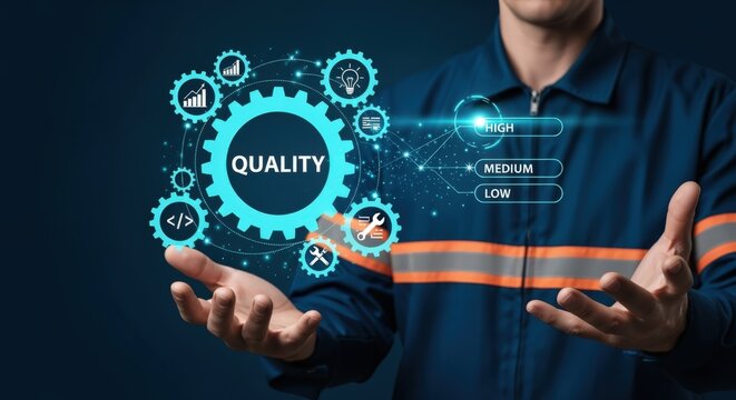 Quality Control System: Technician Demonstrating High Standards and Precision in Manufacturing Processes with Digital Interface