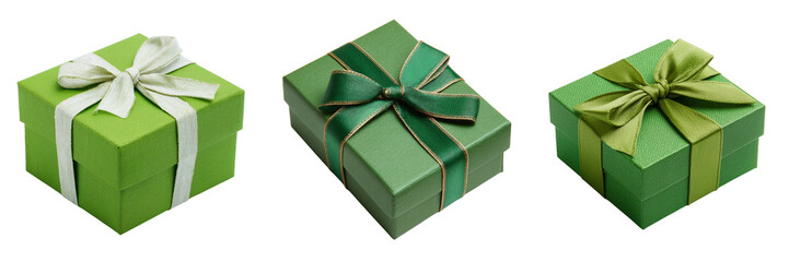 Set of green gift boxes isolated on white or transparent background