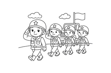 Fototapeta premium Military Parade saluting stroke illustration cute kids coloring book style. Fun and wholesome theme made for children