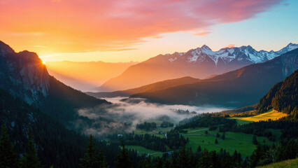 Obraz premium Sunrise over majestic mountain range with snow capped peaks and vibrant orange sky illuminating the valley below with fog