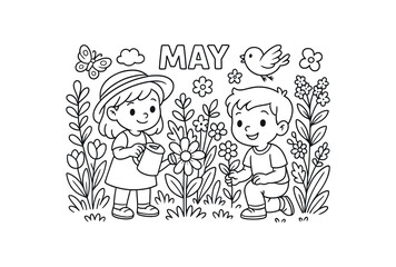 Fototapeta premium May blooming garden stroke illustration cute kids coloring book style. Fun and wholesome theme made for children