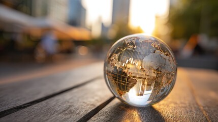 Glass Globe on Wooden Table Reflecting Urban Cityscape at Sunset, Symbolizing Global Business