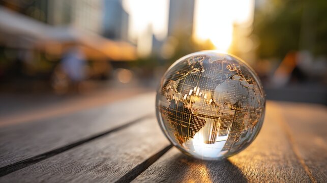 Glass Globe on Wooden Table Reflecting Urban Cityscape at Sunset, Symbolizing Global Business - Powered by Adobe
