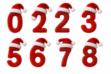 Festive Numbers Zero Through Eight Adorned with Santa Hats, Evoking Holiday Cheer and Seasonal Celebrations