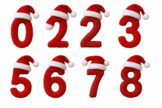 Festive Numbers Zero Through Eight Adorned with Santa Hats, Evoking Holiday Cheer and Seasonal Celebrations