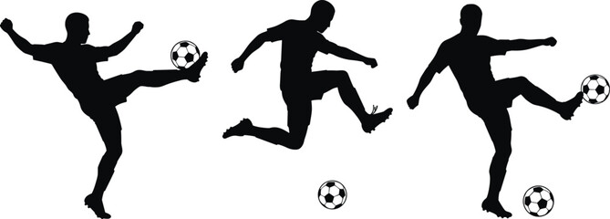Soccer players silhouette kicking ball, football sports action poses, black and white vector illustration, dynamic athletic movements, professional training, competitive match moments