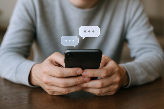 Man Holding Smartphone with Messaging Interface Overlay, Concept for Mobile Communication and Digital Lifestyle