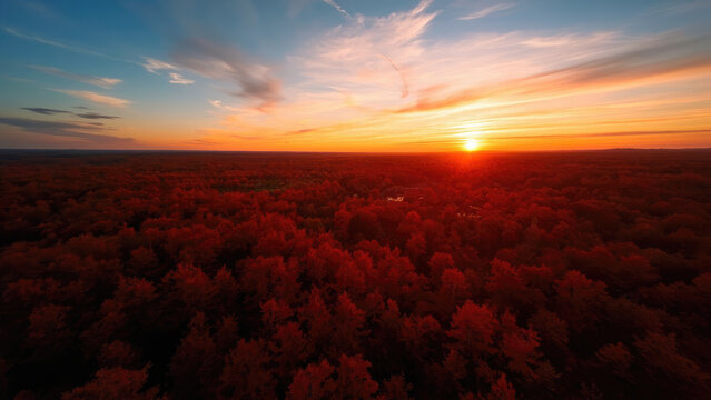 Aerial view of a vibrant red forest under a sunset sky with orange and blue hues and the sun setting on the horizon