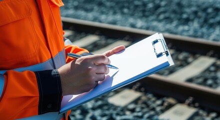 Railway Inspector Examining Tracks with Clipboard, Performing Safety Audit for Infrastructure Maintenance and Quality Control