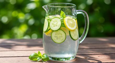 "Crystal-clear glass pitcher of iced water infused with cucumber slices, lemon wedges, and fresh basil leaves, placed on a rustic outdoor wooden table with sunlight filtering through green foliage, co