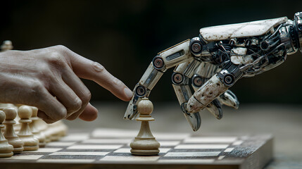 A human hand and a robot hand reaching for a chess piece on a chess board in a close up shot