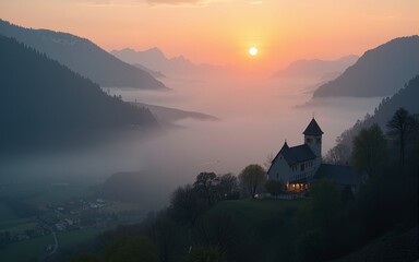 Misty Sunrise Over a Tiny Village Nestled in a Valley. High quality
