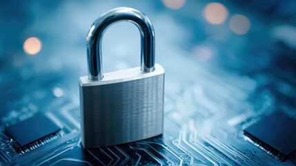 Cybersecurity Concept: Padlock Securing Digital Data on a Circuit Board, Representing Data Protection and Online Safety