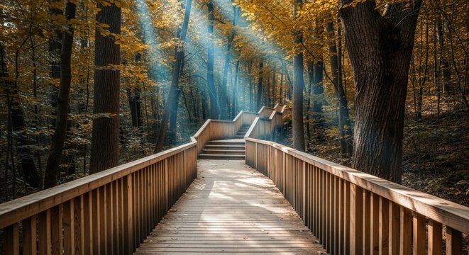 Wooden Footbridge Through Autumn Forest with Sun Rays, Creating a Serene and Magical Landscape