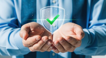 Hands Presenting Shield with Check Mark Symbolizing Security, Protection, and Verification in Digital Era