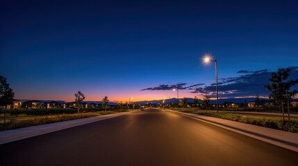 Fototapeta premium Suburban Street at Twilight with Streetlights Illuminating the Road and Distant Houses