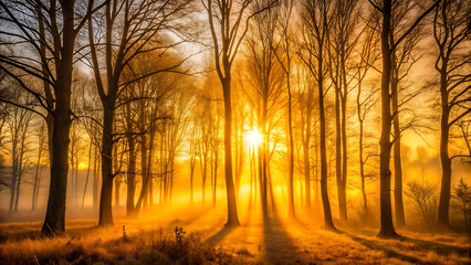 Golden sunset through bare trees in a misty tranquil forest