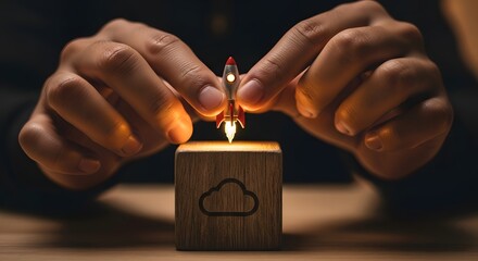 Man's hands launching a miniature rocket from a wooden block with a cloud computing icon. Business startup and innovation concept