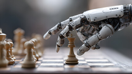 A robot hand moving a chess piece on a chessboard with other pieces in the background blurred out
