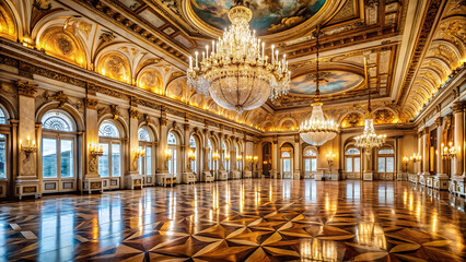 Grand ballroom with golden chandeliers and polished marble floors
