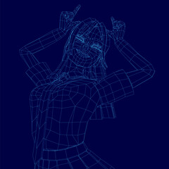 A 3D wireframe model of a college girl in a blue dress stands with hands on her head against a dark blue background. The digital rendering highlights geometric details and futuristic aesthetics.