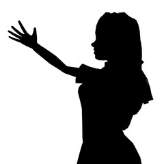 A young college girl stands with arms outstretched in a striking black and white silhouette against a clean white background. The minimalist composition highlights her graceful pose and conveys.