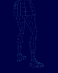 A 3D wireframe model of a college girl's legs in a skirt and shoes animates against a blue background, simulating movement. The digital rendering highlights dynamic motion with clean geometric lines.