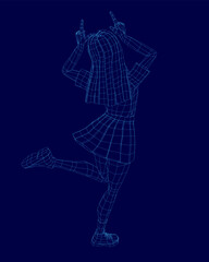 A 3D wireframe of a college girl in a school uniform stands with hands on her head against a blue digital background. The geometric mesh design highlights her youthful silhouette with clean lines.