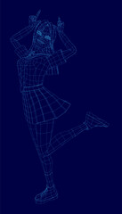 A 3D wireframe of a college girl in a school uniform stands against a blue background with her hands on her head. The digital model features clean lines and a futuristic aesthetic.