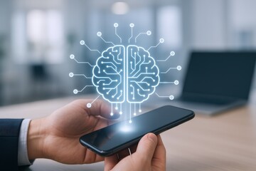 AI Technology Concept: Human Hands Holding Smartphone Displaying a Digital Brain Interface