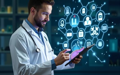 Description: Doctor interacting with a tablet, surrounded by medical data icons representing digital healthcare solutions. High quality