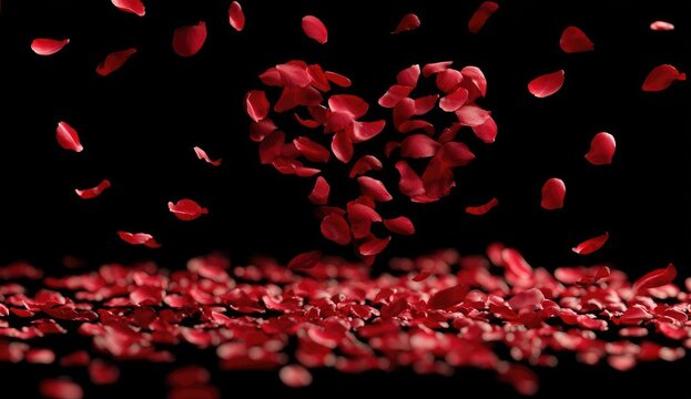 Red rose petals falling in heart shape on black background - Powered by Adobe