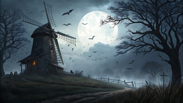 Haunted moonlit windmill surrounded by bats and fog