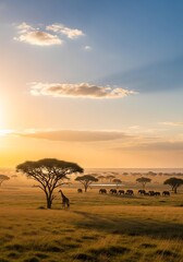 African Savannah at Dawn: Giraffe, Elephants, Trees, and Golden Light