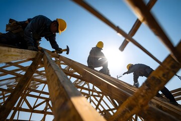Construction workers build a roof in bright sunlight.