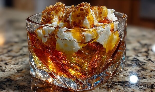 Butterscotch schnapps cocktail with layered tones and refreshing ice cubes placed on a wooden counter in a cozy interior