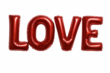 Shiny Red Metallic Letter Balloons Spelling Out the Word LOVE Against a Stark Black Backdrop