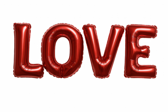 Shiny Red Metallic Letter Balloons Spelling Out the Word LOVE Against a Stark Black Backdrop