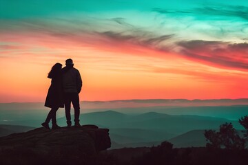 Couple silhouetted against a vibrant sunset sky on a mountaintop