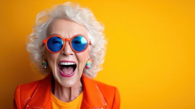 This cheerful elderly woman radiates happiness with her bright orange outfit and playful blue sunglasses, portraying the essence of joy and vibrancy in aging gracefully.