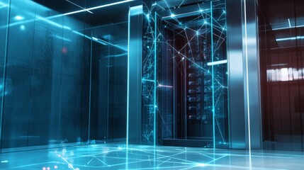 A futuristic room with a blue wall and a blue floor