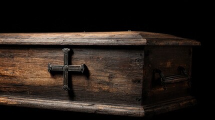 Elegant Wooden Casket with Cross Ornament in Dark Setting Symbolizing Mourning and Remembrance