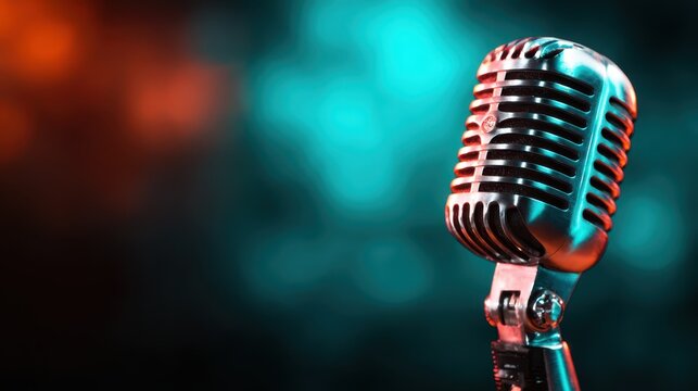 This stunning image features a vintage-style microphone set against a captivating, colorful backdrop, ideal for evoking a creative and musical atmosphere.