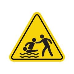 Warning sign for drowning hazard with person assisting in water