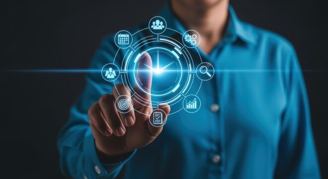 Time Management Concept: Person Interacting with Clock Interface, Representing Productivity, Deadline, and Efficiency