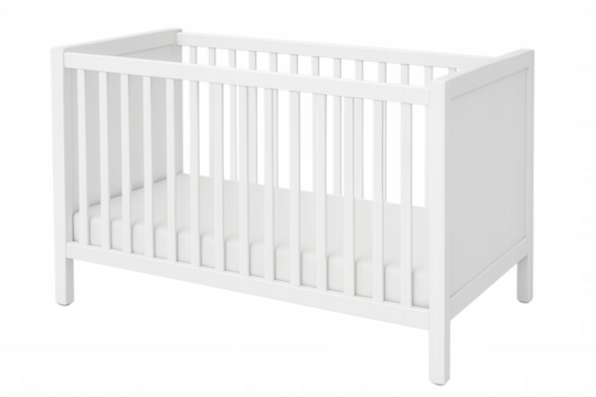 White wooden baby crib featuring clean design, standing on transparent background, ideal for nursery decor and infant care graphics