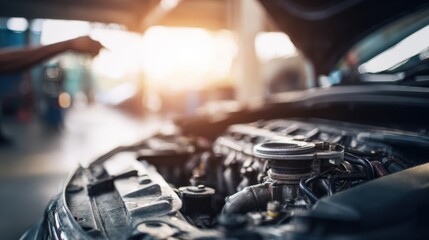 Obraz premium Car Engine Inspection and Repair in Auto Service Garage for Vehicle Maintenance and Performance
