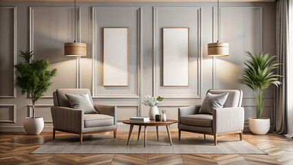 Modern Interior With Two Blank Poster Mockups On Clean Wall