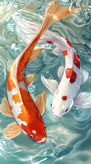 Two koi fish swimming in the clear water, one orange and white patterned carp with an extra-long tail, one silver-white fish with red dots on its body. Exquisite watercolor painting, Japanese art.